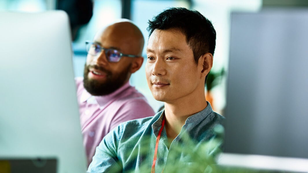 Two men collaborating at a computer monitor