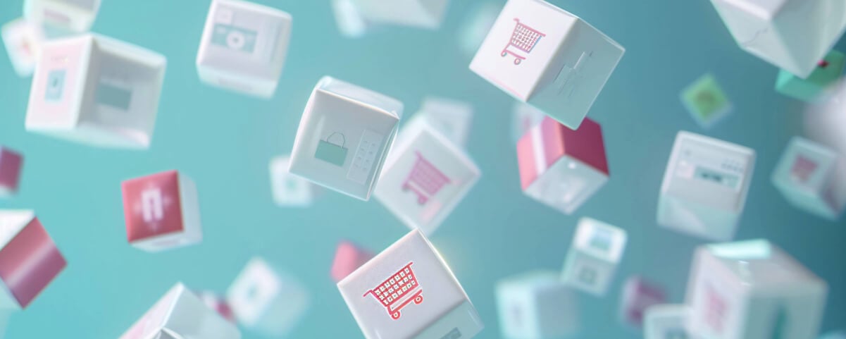 A group of cubes with shopping car icons floating in the air